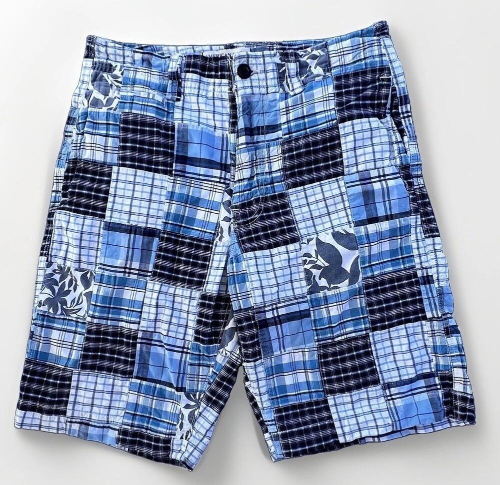 American Eagle Mens Madras Plaid Patchwork Shorts Size 32 Preppy Casual Skater